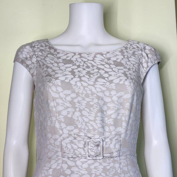 Monsoon Belted Sheath Dress US 6 UK 10 Beige White Floral Cap Sleeve Romantic - Picture 3 of 11